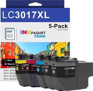 LC3017 LC3017XL Ink Cartridges High Yield (BK/C/M/Y, 5-Pack) - Replacement for Brother LC3017BK LC3017C LC3017M LC3017Y Ink Work with MFC-J5330DW MFC-J6530DW MFC-J6730DW MFC-J6930DW Printer