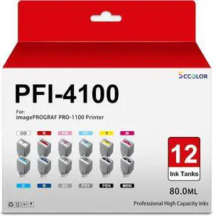 PFI-4100 Ink Cartridges Compatible PFI4100 PFI 4100 Ink Cartridge Replacement for Canon imagePROGRAF PRO-1100 Printer.12 Pack MBK PBK C M Y R GY B PGY PC PM CO