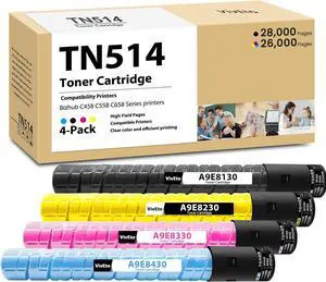 TN-514 TN514 Toner Cartridge Set Replacement for Konica Minolta TN-514 TN514K TN514C TN514M TN514Y A9E8130 A9E8430 A9E8330 A9E8230 for Bizhub C458 C558 C658 Printers, 4 Pack TN514 Ink Cartridge CMYK