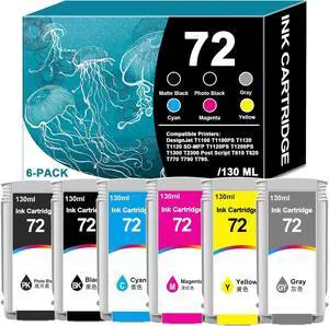 72 Ink Cartridges Latest Upgrade Replacement for 72 Ink Cartridges Work with for DesignJet T770 T790 T795 T610 T620 T1100 T1120 T1200 T1300 T2300 (130-ml, 6-Pack)