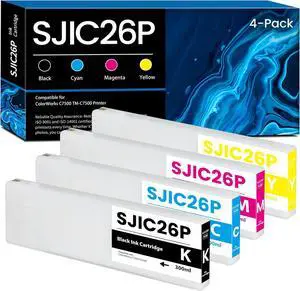 SJIC26P Ink Cartridges 300ml 4-Color Remanufactured C33S020614 C33S020615 C33S020616 C33S020617 Ink Compatible for ColorWorks C7500 TM-C7500 Printer Ink (Black Cyan Magenta Yellow)