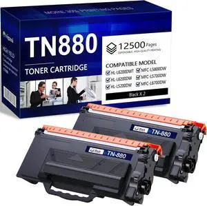 TN880 Super High Yield Toner Cartridge Black Replacement for Brother TN-880 TN 880 Toner HL-L6200DWT L5200DW L5100DN MFC-L5800DW L5700DW L6700DW L6800DW Printer Up to 12,500 Pages 2-Pack