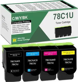 78C1U Ultra High Yield Toner Cartridge CS521 (New Chip) 78C1UK0 78C1UC0 78C1UM0 78C1UY0 Replacement for Lexmark CS521 78C1U for CS521 CS622de CS421 CS622 CX522 CX421 Printer, 4 Pack 78C1U Ink