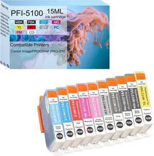 PFI5100 Compatible Ink Cartridge Replacement for Canon PFI-5100 Ink Tank for Canon imagePROGRAF PRO-310 Printer (10-Pack, MBK, PBK, C, M, Y, R, GY, PC, PM, CO) PFI5100 Compatible Ink Cartridge Replacement for Canon PFI-5100 Ink Tank for Canon imagePROGRAF PRO-310 Printer (10-Pack, MBK, PBK, C, M, Y, R, GY, PC, PM, CO)