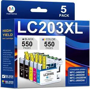 LC203XL High Yield Ink Cartridges Replacement for Brother LC203XL LC201XL to use with MFC-J480DW MFC-J880DW MFC-J4420DW MFC-J680DW MFC-J885DW (5 Pack-2Black, 1Cyan, 1Magenta, 1Yello)