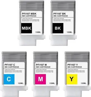 PFI-107 Ink Cartridge PFI107 Ink Replacement for Canon PFI-107 Ink Tank (PFI107MBK PFI107BK PFI107C PFI107M PFI107Y) for ImagePROGRAF iPF785 iPF780 iPF770 iPF685 iPF680 iPF670 Printer Ink, 5-Color Set