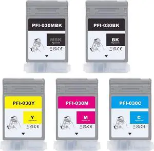PFI-030 Ink Cartridges 55ml 5-Pack High Yield (MBK/BK/C/M/Y) | Compatible with Canon imagePROGRAF TA-20 TA-30 TM-240 TM-340 | Replacement for PFI-030MBK/PFI-030BK/PFI-030C/PFI-030M/PFI-030Y
