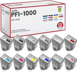 PFI1000 PFI-1000 Ink Tank with New Chip Replacement for Canon Ink Lucia PRO PFI-1000 Ink Cartridge for Canon ImagePROGRAF PRO-1000 Printer Ink, 12-Pack (MBK, PBK, C, M, Y, R, GY, B, PGY, PC, PM, CO)