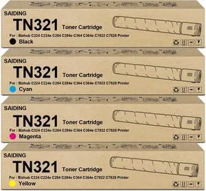 SAIDING TN-321 Toner Cartridge 4-Pack - Compatible with Konica Minolta Bizhub C224, C284, C364, C7822, C7828 - Black, Cyan, Magenta, Yellow (TN321K, TN321C, TN321M, TN321Y)