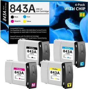 843A Ink Cartridge 400ml with New Chip Replacement for HP 843A C1Q57A C1Q58A C1Q59A C1Q60A for PageWide XL 4000 4100 4500 4600 5000 5100 Wide Format Printers, 4 Pack 843A Ink Refills