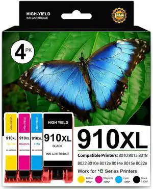 910XL Ink Cartridges Combo Pack High Yield Replacement for HP 910 910XL Work for OfficeJet Pro 8025e 8025 8028e 8028 8035e 8035 OfficeJet 8015e 8022e 8010 8015 8022 Printers (4 Pack, B/C/Y/M)