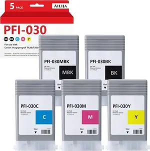 PFI-030 Ink Cartridge Replacement PFI-030MBK PFI-030BK PFI-030C PFI-030M PFI-030Y Compatible for imagePROGRAF TA-20 TA-30 Printer (5 Pack, Matte Black,Black Cyan Magenta Yellow 55-ml Pigment Ink