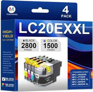 LC20EXXL Super High Yield Ink Cartridges Replacement for Brother LC20E LC20E XXL Ink Cartridges for MFC-J5920DW MFC-J775DW MFC-J775DWXL MFC-J985DW MFC-J985DWXL Printer 4-Pack Black Cyan Magenta Yellow