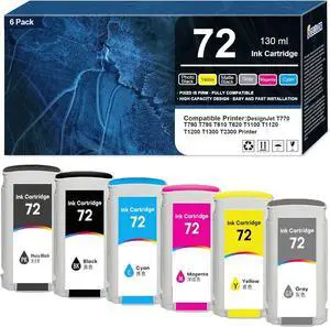 72 72XL Ink Cartridgs 6-Pack 130ML Replacement for HP 72 C9403A C9370A C9371A C9372A C9373A C9374A Ink Cartridges Compatible for HP DesignJet T770 T790 T795 T610 T620 T1100 T1120 T1200 T1300 T2300