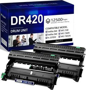 DR420 Drum Unit Replacement for Brother DR-450 DR 420 2 Pack (12,500 Pages) for HL-2270DW HL-2280DW HL-2230 HL-2240 MFC-7360N MFC-7860DW DCP-7065DN 2840 Printer, Black