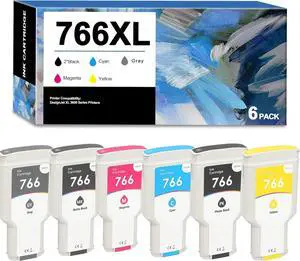 766 Ink Cartridge Replacement for HP 766 Ink Cartridge 3ED57A P2V89A P2V90A P2V91A P2V92A P2V93A P2V94A 3ED55A for DesignJet XL 3600 Series Printers300ml 6Packs,MK/PB/G/C/M/Y