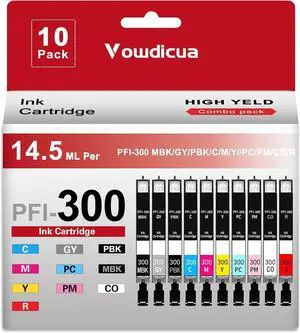 PFI-300 Ink Cartridges 10-Pack (MBK/PBK/C/M/Y/PM/PC/R/GY/CO) - High Capacity Compatible PFI 300 Ink Cartridges Replacement for Canon ImagePROGRAF PRO-300 Printer