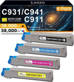 Lezzo C931 C941 C911 Toner Cartridge 4-Pack 45536516 45536515 45536514 45536513 Toner Cartridge Replacement for OKI C931 C941 C931dn C931e C941dn C941e C911 Printer (Black Cyan Magenta Yellow)