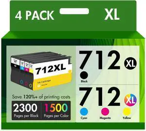 712 Designjet T210 712XL Ink Cartridges Combo Remanufactured Replacement for HP 712 XL 712XL DesignJet T650 T630 T230 Studio Plotter Printer High Yield (4 Pack, Black Cyan Yellow Magenta)