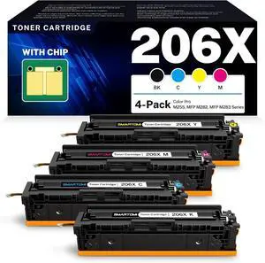 206X Toner Cartridges 4 Pack High Yield (with Chip) Compatible Replacement for HP 206X 206A Set Works with HP Color Laserjet Pro MFP M283fdw M283cdw M283fdn M255dw M282nw M283 M255 Series Printer Ink