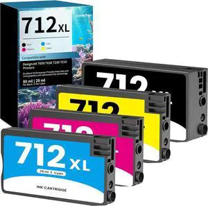 712 Ink Cartridges (4 Pack, Black Cyan Magenta Yellow) Replacement for HP 712 XL 712XL Ink for DesignJet T650 T630 T230 T210 Printer 3ED71A 3ED69A 3ED68A 3ED67A