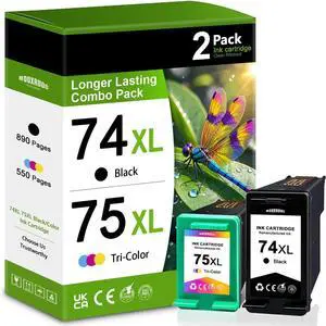 74XL 75XL Ink Cartridges Black Color Combo PackReplacement for 74 75 Ink Cartridges for Deskjet C4480 C4440 C4280 C4580 J6480 D4280 D4260 Printers 2-Pack (1Black/1Tri-Color)