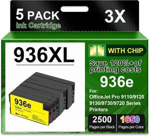 936XL 936e Ink Cartridge with Chip Combo 5-Pack Replacement for 936 936e Ink Compatible for OfficeJet Pro 9125e 9120e 9130 9135e 9128e 9110b 9120b 9130b 9130e Wide Format 9730e 9122e Inkjet Printer