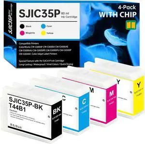 SJIC35P Ink Cartridges (with New Chip) 4 Pack for SJIC35P SJIC35P-BK SJIC35P-C SJIC35P-M SJIC35P-Y Remanufactured for ColorWorks CW-C6000P CW-C6500A CW-C6500P CW-C6000A CW-C6500PU Color InkJet Printer