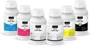 DTF Ink 6-Pack 250ML (8.45 fl oz) Bottles  2X White + CMYK  High Opacity, Clog-Free Formula  Compatible with All DTF Printheads Including I3200, XP600, L1800, ET8550, XP15000  Smooth Ink Flow