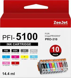 PFI-5100 Ink Cartridges 10-Colors Value Pack (MBK, PBK, C, M, Y, R, GY, PC, PM, CO) Replacement for Canon PFI5100 PFI-5100 Ink Tank Compatible with ImagePROGRAF PRO-310 Printer Ink