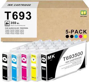 Remanufactured T693 Ink Cartridge 350ml 5-Pack Replacement for T6931 T6932 T6933 T6934 T6935 Ink Work with SureColor T3000 T3070 T3200 T3270 T5000 T5070 T5200 T5270 T7000 T7070 T7200 T7270 Printer Ink