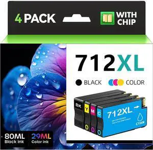 712 712XL Ink Cartridges Combo Pack Replacement for HP 712 712XL Ink Cartridges Compatible with DesignJet T210 T650 T250 T230 T630 Studio Plotter Printer (BK/C/M/Y, 4 Pack)