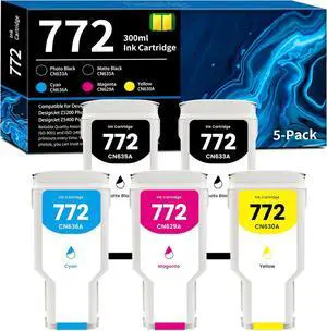 772 Ink Cartridges 300ml 5-Pack CN635A CN633A CN636A CN629A CN630A Replacement for HP 772 Ink Cartridge for DesignJet Z5200 Z5400 Printer Ink (Matte Black, Photo Black, Cyan, Magenta, Yellow)