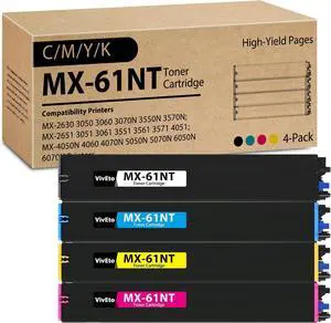 MX-61NT High Yield Toner Cartridge Replacement for Sharp MX-61NT-BA MX-61NT-CA MX61NT-MA MX-61NT-YA Compatible with MX-2651 MX-3051 MX-3071 MX-3551 MX-3571 MX-4051 MX-4071 Printer, 4-Pack B/C/M/Y
