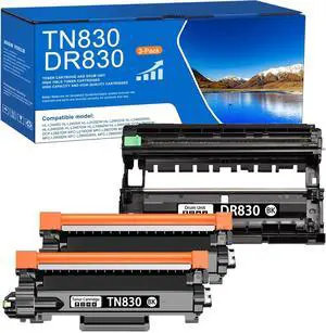 TN830 Toner Cartridge and DR830 Drum Unit (with Chip) Set Replacement for Brother TN830 TN-830 DR830 DR-830 to use with HL-L2460DW DCP-L2640DW HL-L2480DW MFC-L2820DW Printer, 2Toners + 1Drum