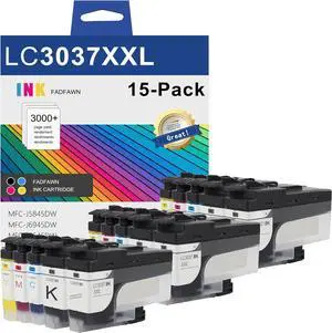 LC3037 Super High-Yield Ink Cartridge Set (LC3037BK LC3037C LC3037M LC3037Y, 15-Pack) LC3037XXL Ink Cartridge Replacement for Brother LC3037 LC3039 XXL Ink MFC-J5845DW MFC-J6945DW MFC-J6545DW