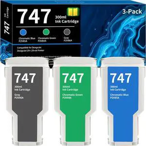 747 Ink Cartridges Bundle 300ml (Chromatic Green, Chromatic Blue, Gray) Replacement for HP DesignJet 747 P2V84A P2V85A P2V86A Ink for DesignJet Z9+ Large Format Printers, 3-Pack 747 Cartridges