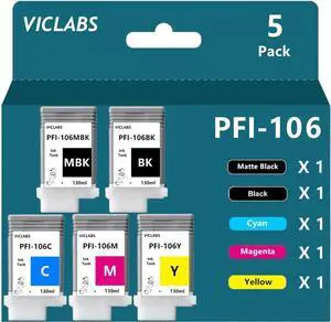 PFI106 PFI-106 Ink cartridges Replacement for Canon PFI106 PFI-106 Ink cartridges for use in Canon ImagePROGRAF iPF6300 iPF6350 iPF6400 iPF6450 iPF6300S iPF6400S iPF6400SE Printers(5-Pack)