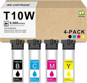 Remanufactured T10W Ink Cartridges 4-Pack High Yield Replacement for T10W100 T10W200 T10W300 T10W400 Ink Cartridge Use for WorkPorce Pro WF-C5390 WF-C5890 Printer (4-Pack, Black/Cyan/Magenta/Yellow)
