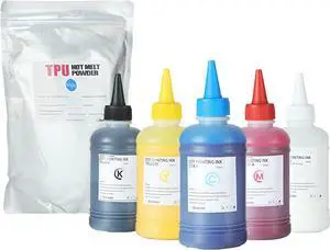 5 * 250ML Inks and 500g White DTF Powder Combo, 1.25L Premium Anti-Nozzle Clogging DTF Ink, White Powder for PET Transfer, CMYKW Inks for DTF Printers(Compatible with All Print Heads)