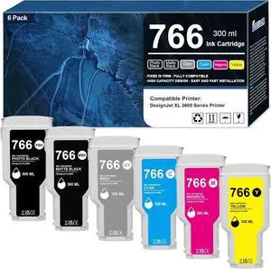766 Ink Cartridge 300ML High Capacity Compatible for HP 766 3ED57A P2V89A P2V90A P2V91A P2V92A P2V93A P2V94A 3ED55A Ink Replacement for DesignJet XL3600 XL 3600 Series Printer(6-Pack MK/PB/G/C/M/Y)