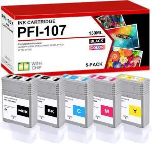 PFI107 PFI-107 Ink Tank Bundle (130ml) 5-Colors PFI-107MBK PFI-107BK PFI-107C PFI-107M PFI-107Y Ink Cartridge Replacement for Canon PFI-107 Ink Tank for imagePROGRAF iPF670/680/685/770/780/785 Printer