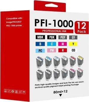 Remanufactured PFI-1000 Pigment Ink Cartridges Replacement for Canon PFI 1000 PFI1000 Ink Tank Set for imagePROGRAF PRO-1000 Printer (MBK PBK C M Y R GY BK PGY PC PM CO 12-Pack 80ml)