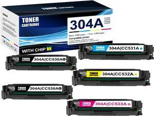 5-Pack BK/C/M/Y 304A CC530A CC531A CC532A CC533A Toner Cartridge: Compatible 304A CC530A CC531A CC532A CC533A Replacement for HP CP2025 CP2025n CP2025dn CP2025x CM2320n CM2320fxi CM2320nf Printer