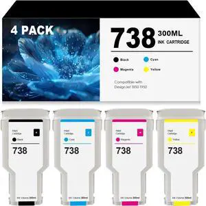 300 ML High Capacity 738 Ink Cartridges Replacement for HP738 HP 738 Colors Ink 498N8A 676M6A 676M7A 676M8A Compatible with DesignJet T850 T950 Printers Black Cyan Magenta Yellow 4-Pack
