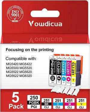 PGI-250XL CLI-251XL Ink Cartridges 5-Pack Compatible PGI250XL CLI251XL Ink Replacement for Canon 250XL 251XL to Work with MG5420 MG5422 MG5500 MG5520 MG5522 MG5620 MG5622 MG6320 Printer