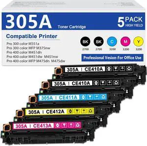 305A Toner Cartridge 5-Pack (2Black,1Cyan,1Magenta,1Yellow) Replacement for HP 305A 305X Toner Work with Pro 300 M351 MFP M375 Pro 400 M451 MFP M475 Printers