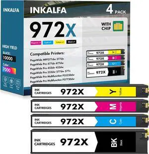 972X 972A Ink Cartridges Replacement for HP 972 X for HP Pagewide Pro MFP 477dw 577dw 477dn 452dn 552dn 552dw P55250dw 477 452 552 577 Printer High Yield (4 Pack, Black, Cyan, Yellow, Magenta)
