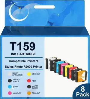 High Yield 159 T159 Ink Cartridge T159020 T159120 T159220 T159320 T159420 T159720 T159820 T159920 Ink,8 Set Replacement for R2000 Ink Stylus R2000 Photo Printer(PBK,MBK,GO,C,M,Y,R,O)
