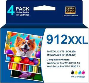 Remanufactured T912XXL 912XXL Ink Cartridges Extra High Capacity Compatible for Workforce Pro WF-C8190 A3 Workforce Pro WF-C8690 A3 Series Printer,Black Cyan Magenta Yellow